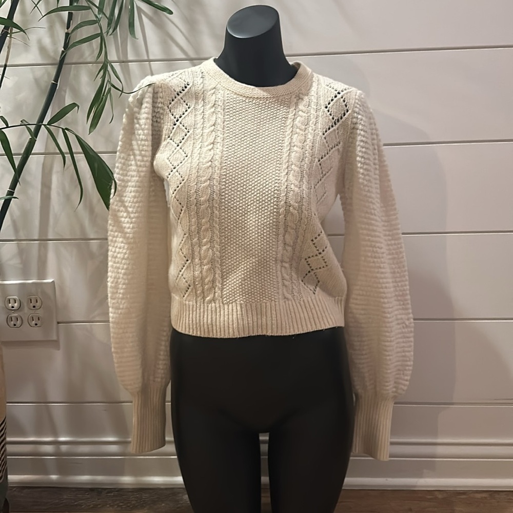 Anthropologie Elizabeth Pointelle Lambswool Alpaca Puffed Sleeve Sweater S L7 - Picture 2 of 7